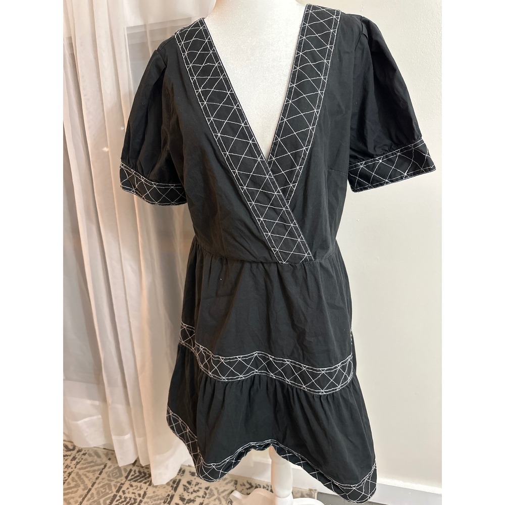 Milly Black Embroidered V-Neck Mini Dress Short Puff Sleeve Tiered Size 12